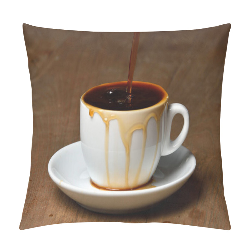 Personality  Pouring Coffee Into Overflowed White Porcelain Mug With Saucer. Cup With Overflowing Coffee. Full Cup Of Coffee On Wooden Table And Stream Of Coffee From Kettle.Coffee Spilled In Saucer Under The Mug. Pillow Covers