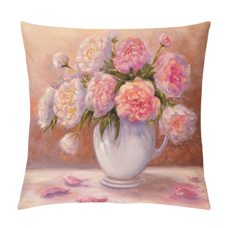 Personality  Original Oil Painting Showing Pink Peony Flowers Bouquet In A Bowl. Genus Paeonia, Family Paeoniaceae.Modern Impressionism, Modernism,marinism Pillow Covers