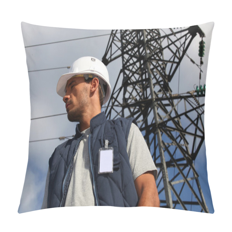 Personality  Worker Standing In Front Of An Electricity Pylon Pillow Covers