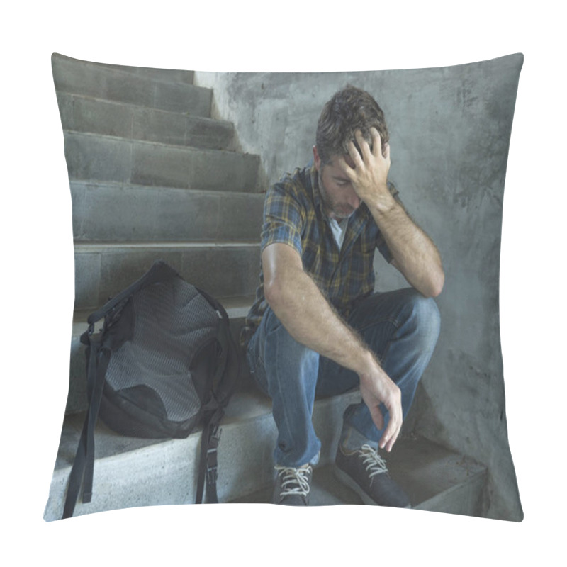 Personality  Campaign Vs Homophobia With Young Sad And Depressed College Student Man Sitting On Staircase Desperate Victim Of Harassment Suffering Bullying And Abuse Pillow Covers