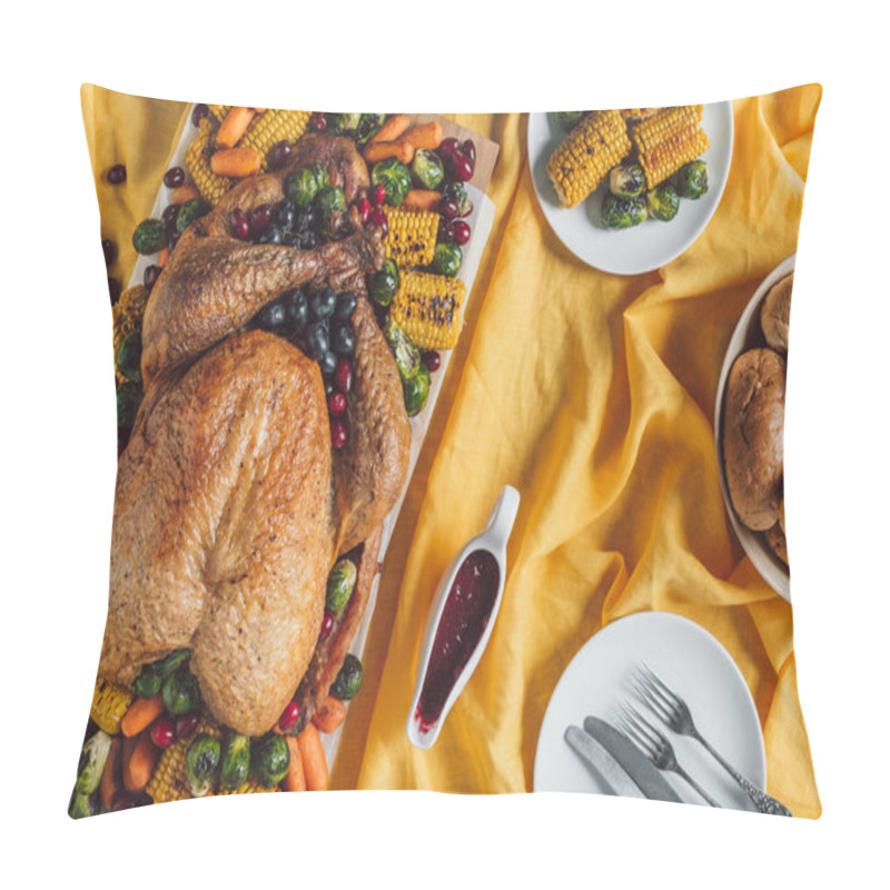 Personality  Flat Lay With Roasted Turkey, Vegetables And Sauce For Thanksgiving Holiday Dinner On Tabletop Pillow Covers