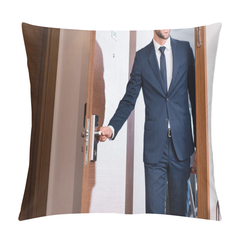 Personality  Cropped View Of Cheerful Man Touching Door Handle While Opening Door  Pillow Covers