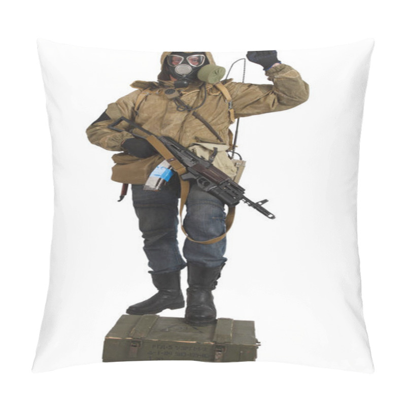 Personality  Post-apocalyptic Fiction Concept - Stalker In Gas Mask With Weapon And Ammunition Box Isolated On White. Text On Box In Russian - Type Of Ammunition (RGD 5 UZRGM - Hand Grenade) And Lot Number. Pillow Covers