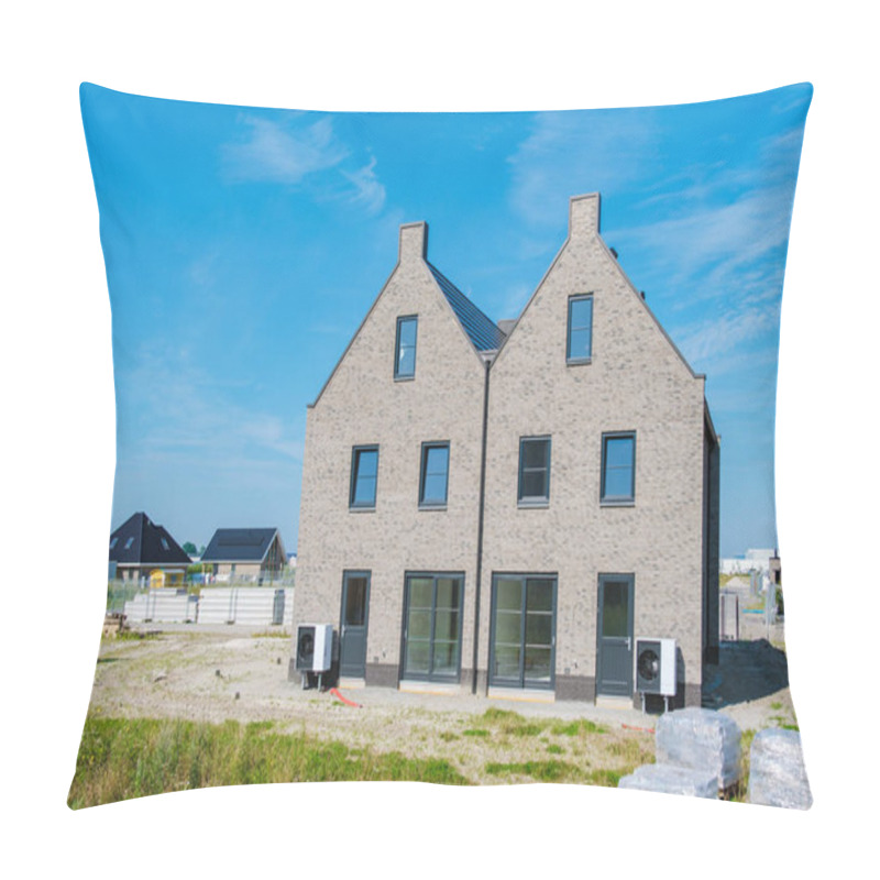 Personality  Two Sleek Air Source Heat Pumps Enhance The Energy Efficiency Of A Newly Constructed Duplex Under A Clear Blue Sky. Warmte Pomp Translation Air Source Heat Pump Pillow Covers