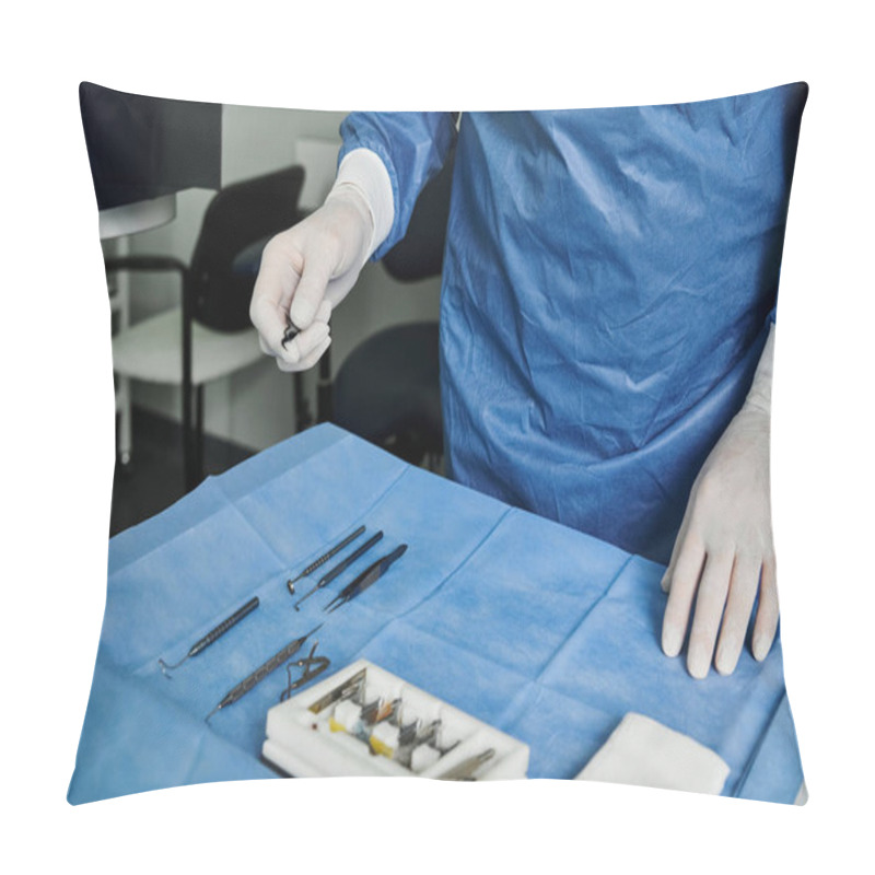 Personality  A Person In A Blue Shirt And White Gloves At The Doctor's Office. Pillow Covers