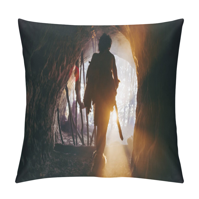 Personality  Primeval Caveman In Animal Skin And Fur Holds Stone Tipped Spear Comes Out Of His Cave Into Prehistoric Forest Ready To Hunt. Neanderthal Going Hunting Into The Jungle. Shot With Warm Filter. Pillow Covers