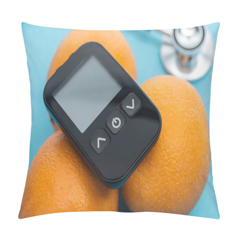 Personality  Close Up View Of Glucometer On Oranges With Stethoscope On Blue Background Pillow Covers