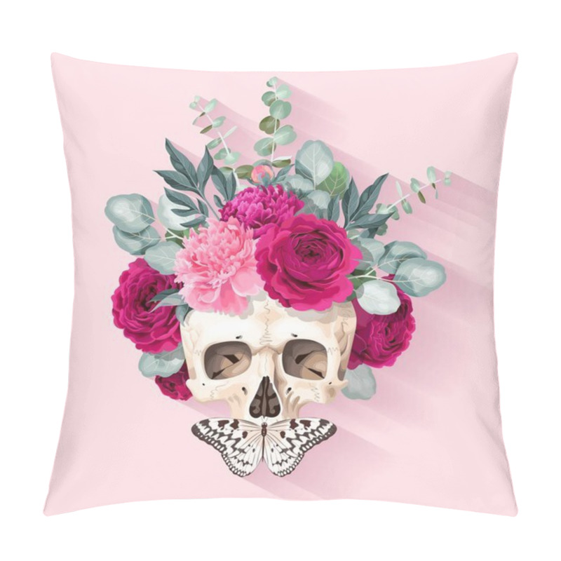 Personality  Vector Illustration With Human Skull And Flowers Pillow Covers