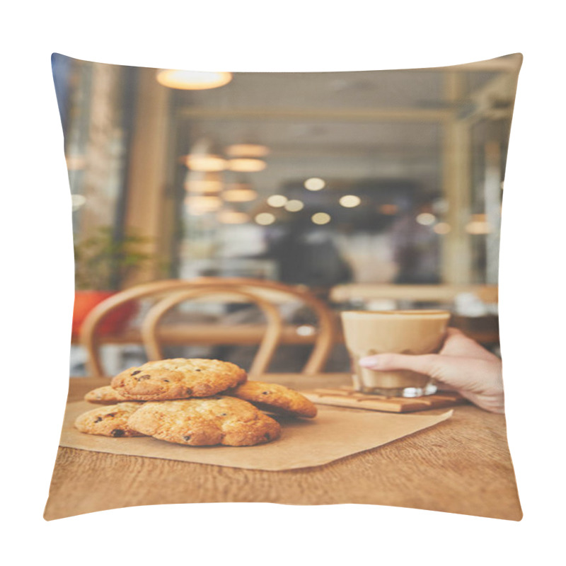 Personality  Hand Holding Glass With Coffee By Cookies Pillow Covers