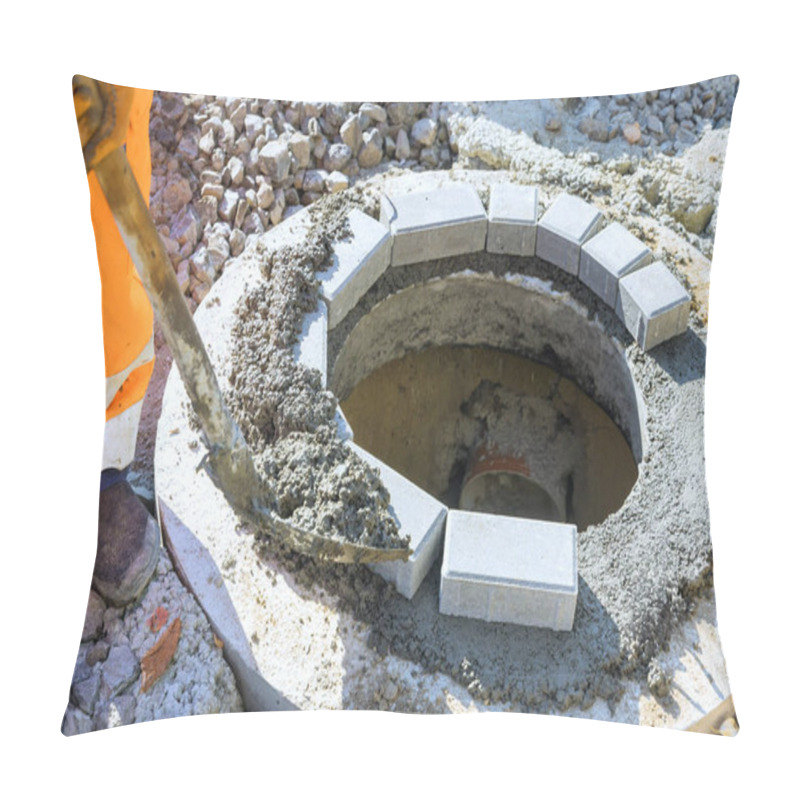 Personality  At Concrete Is Being Laid To Anchor Blocks Completing Upper Edge Of Underground Infrastructure Manhole Well Pillow Covers