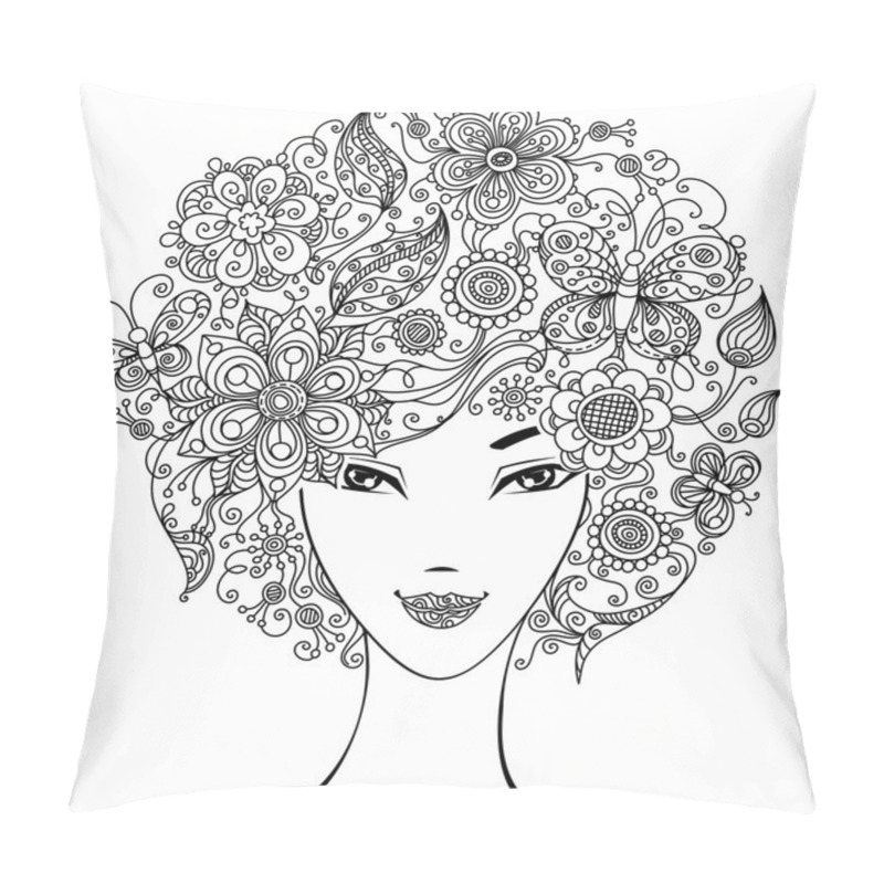 Personality  Woman With Flowers And Butterflies In Hair. Pillow Covers