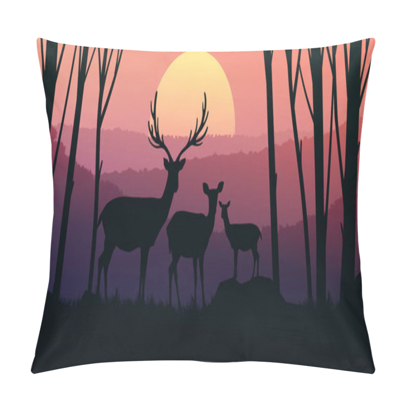 Personality  Herd Of Deer In The Natural Forest. Wild Animals. Mountains Horizon Hills Silhouettes Of Trees. Evening Sunrise And Sunset. Landscape Wallpaper. Illustration Vector Style. Colorful View Background.   Pillow Covers