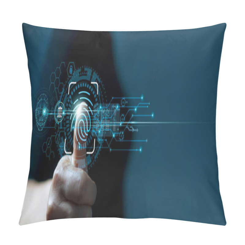 Personality  Businessman Using Fingerprint Indentification To Access Personal Financial Data. Idea For E-kyc (electronic Know Your Customer), Biometrics Security, Innovation Technology Against Digital Cyber Crime Pillow Covers