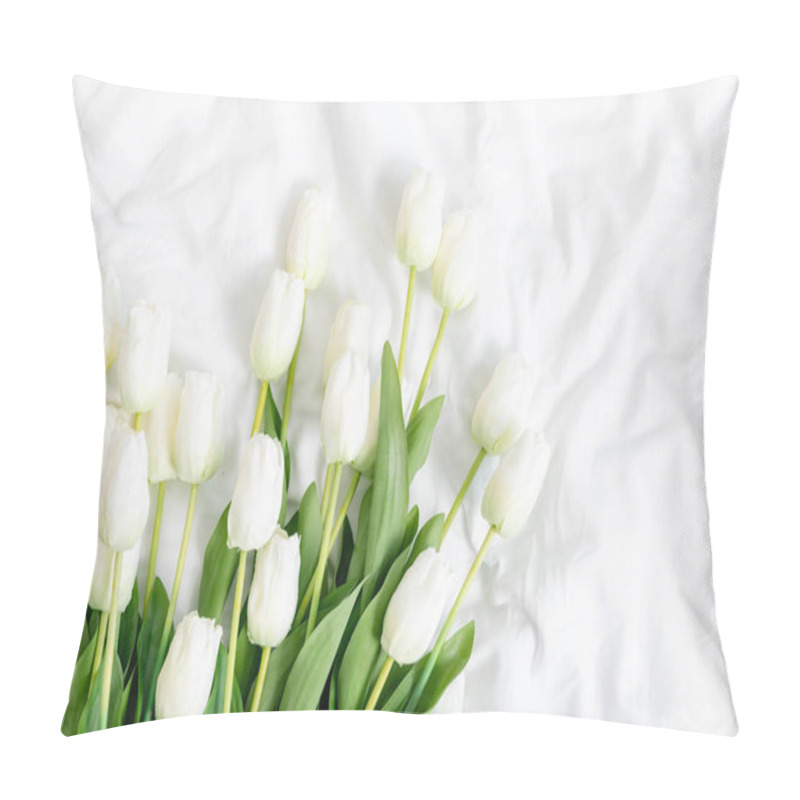 Personality  Fresh White Tulips With Vibrant Green Stems And Leaves Arranged Against A Pristine White Background. The Elegant Spring Flowers Create A Minimalist Composition With Their Pure, Delicate Petals. Pillow Covers