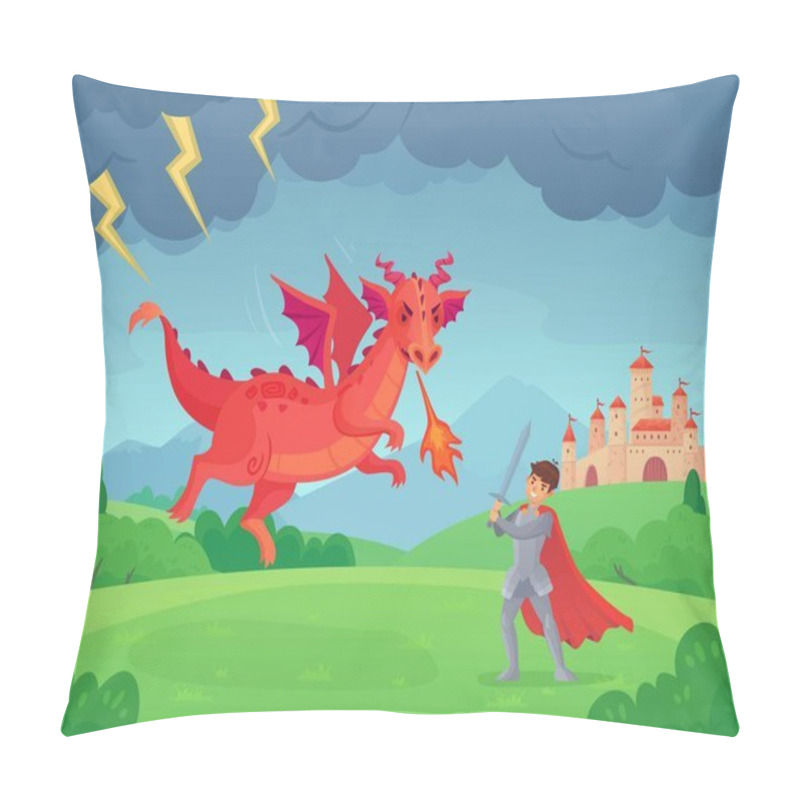 Personality  Cartoon Fairytale Knight Fights Dragon. Swordsman Fighting Evil Monster, Hero Battle With Dragons Medieval Legend Vector Illustration Pillow Covers