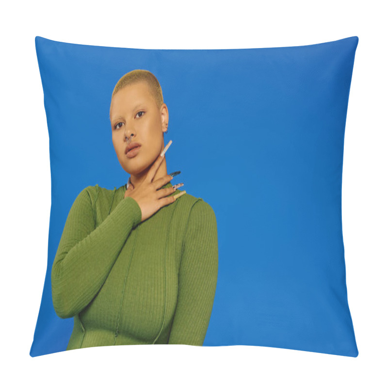 Personality  A Young Woman Confidently Poses In Trendy Attire, Showcasing Her Bold Style And Unique Features. Pillow Covers