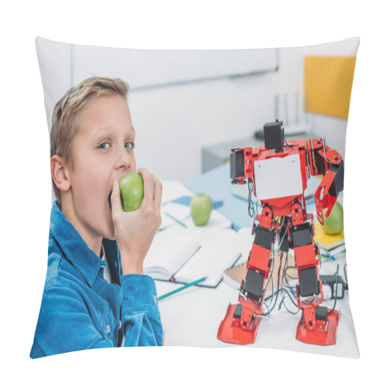 Personality  Cheerful Boy Eating Apple After STEM Robotics Lesson  Pillow Covers