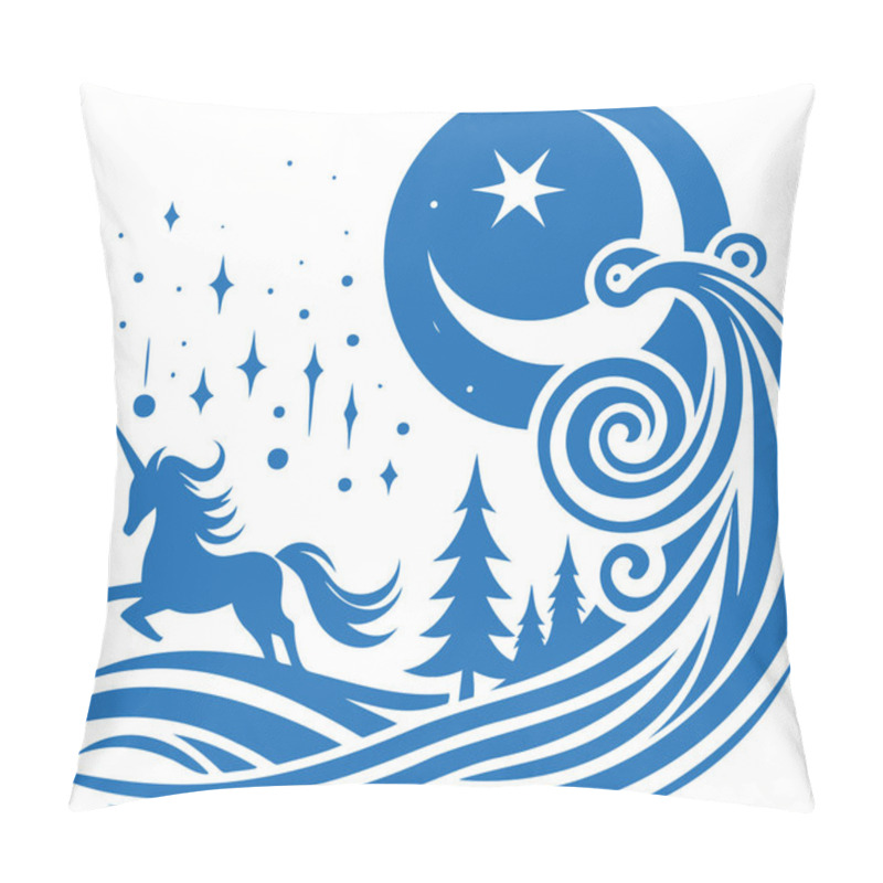 Personality  Blue Silhouette Of A Unicorn In A Mystical Night Scene With Moon And Stars Pillow Covers