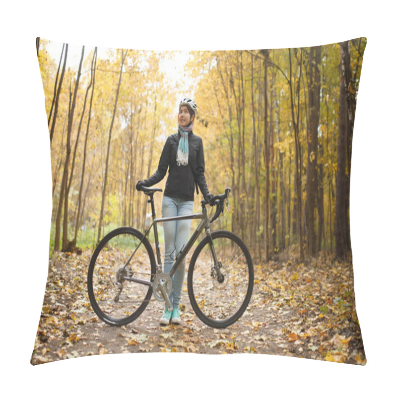 Personality  Image Of Girl In Helmet, Jeans Next To Bicycle In Autumn Park Pillow Covers