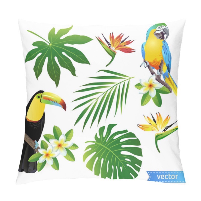 Personality  Set Of Tropical Flowers, Leaves And Birds. Toucan, Parrot. Vector.  Pillow Covers