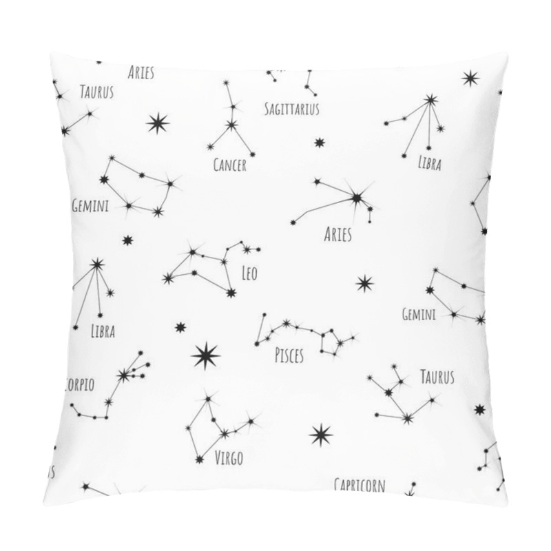 Personality  12 Signs Of The Zodiac Symbols Seamless Pattern. Astrological Constellations On A Light Background. Night Sky, Universe, Galaxy. Texture For Packaging, Paper And Fabric, Vector. Pillow Covers