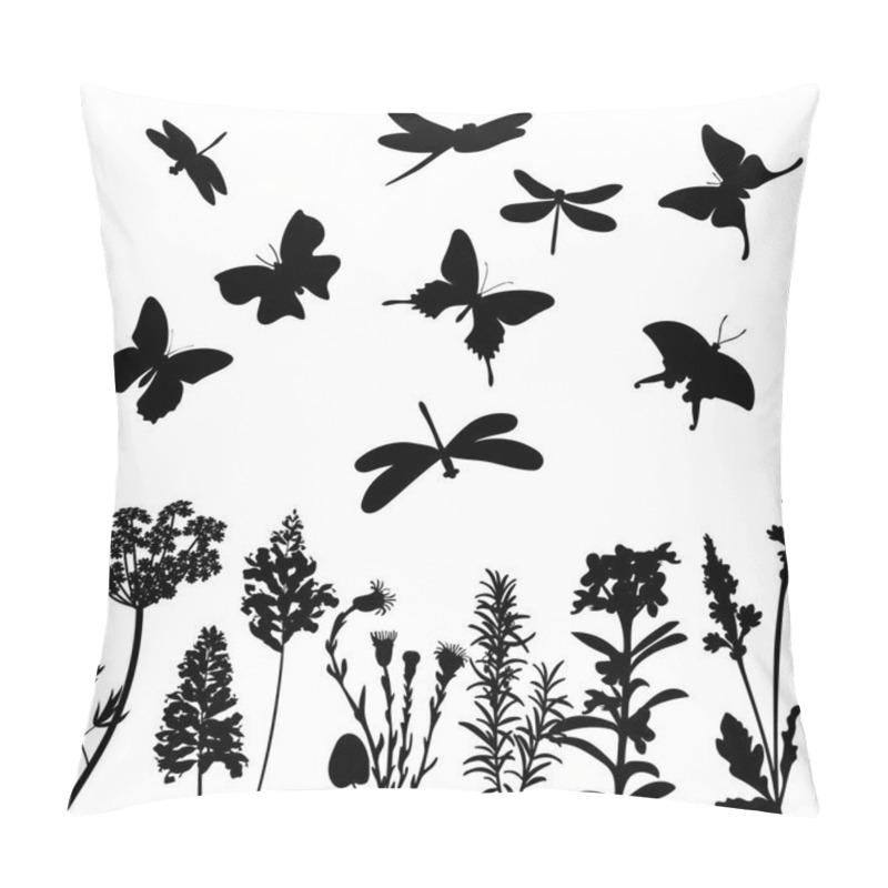 Personality  Silhouettes Of Grass, Dragonflies And Butterflies Isolated Pillow Covers