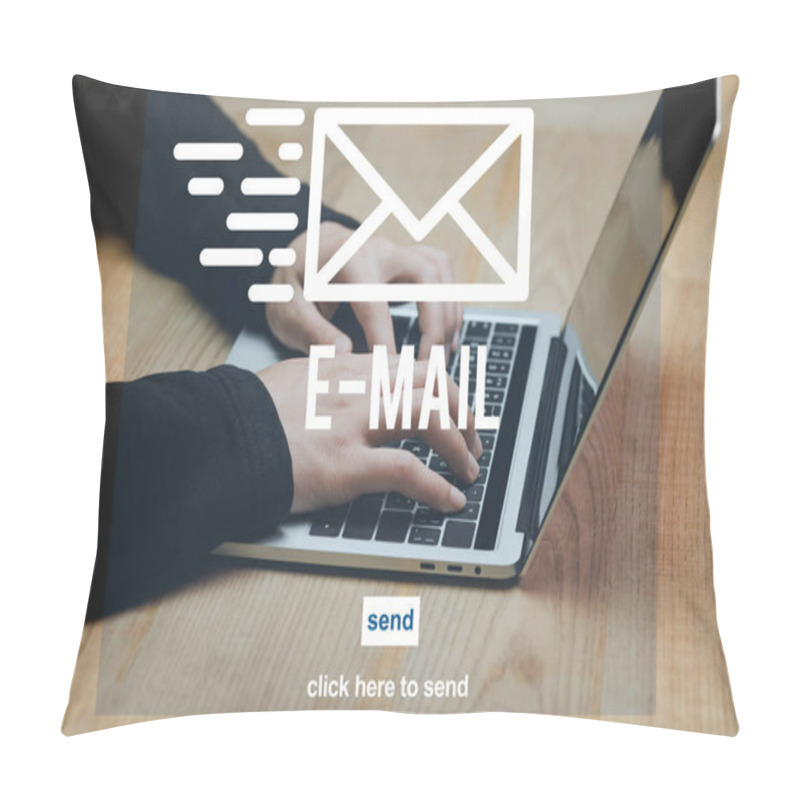 Personality  Cropped View Of Hacker Using Laptop And Sitting At Table, E-mail Illustration  Pillow Covers