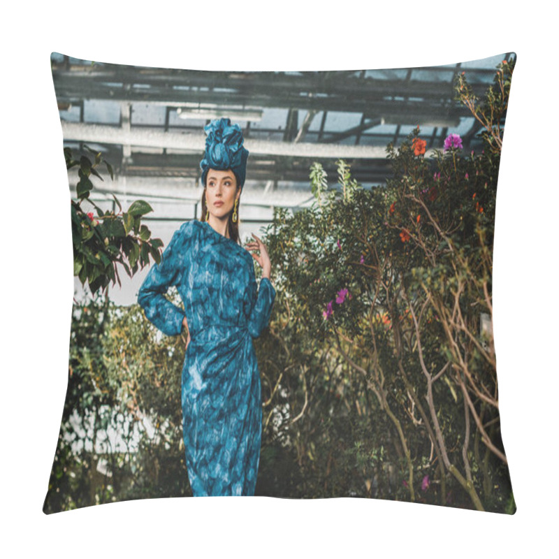 Personality  Gorgeous Young Woman In Blue Dress In Turban In Orangery Pillow Covers