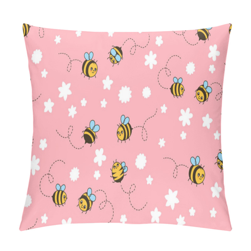 Personality  Summer Cartoon Meadow Retro Seamless Pattern, Bee Kids Ornament. Honeybee Insect Characters With Funny Smile Faces Endless Background. Comic Flowers And Honey Bees Doodle Repeat Boundless Illustration Pillow Covers