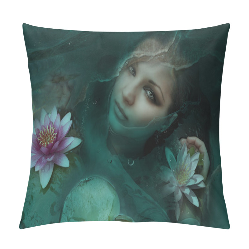 Personality  Deep Eyes. Purification. Beautiful Woman In Water With Lotus Flo Pillow Covers