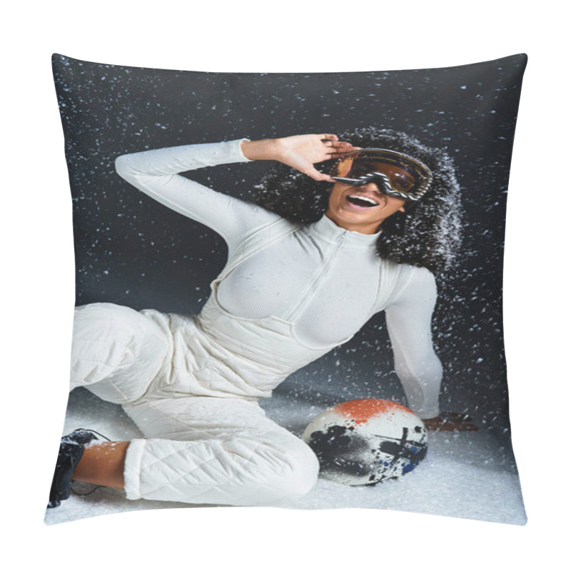 Personality  A Beautiful Brunette Woman Joyfully Poses In A Ski Suit, Celebrating Winter Fashion Against A Dramatic Backdrop. Pillow Covers