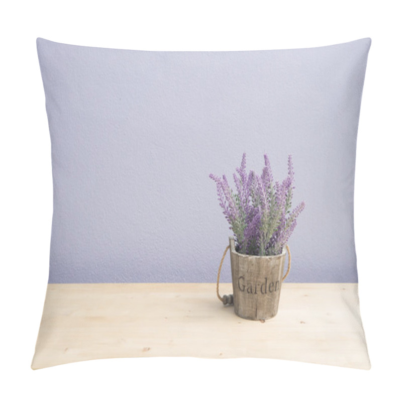 Personality  Wood Table With Purple Lavender Flower On Flower Pot And  Purple Cement Wall. Pillow Covers