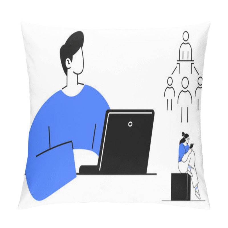 Personality  Person Working On Laptop, Organizational Chart Highlighting Team Structure, Individual Using Smartphone. Ideal For Project Management, Teamwork Scenarios, Remote Work, Digital Communication Pillow Covers