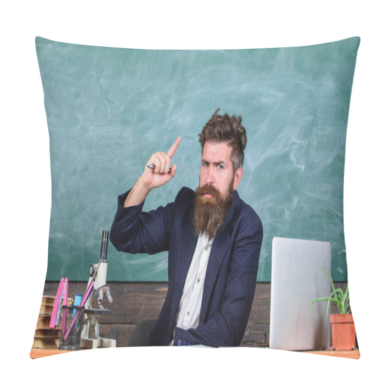 Personality  Teacher Bearded Man Tell Interesting Story. Teacher Charismatic Hipster Sit Table Classroom Chalkboard Background.Teacher Interesting Interlocutor As Best Friend. Telling Educational Stories Pillow Covers