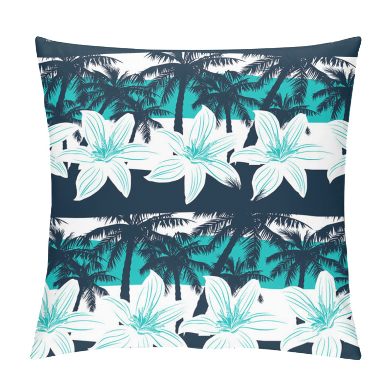 Personality  Tropical Frangipani With Palms And Stripes Seamless Pattern Pillow Covers