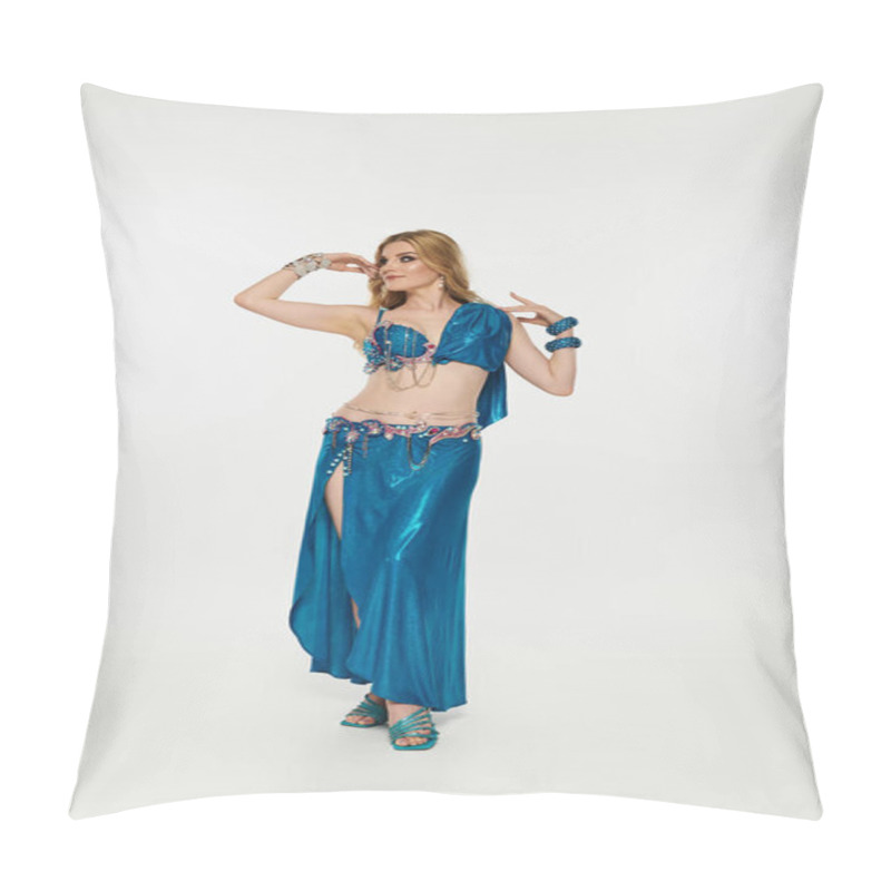 Personality  Young Woman In Captivating Blue Belly Dance Costume Performing Gracefully. Pillow Covers