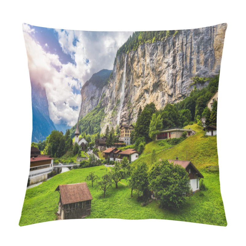 Personality  Lauterbrunnen Valley With Famous Church And Staubbach Waterfall. Lauterbrunnen Village, Berner Oberland, Switzerland, Europe. Spectacular View Of Lauterbrunnen Valley In A Sunny Day, Switzerland. Pillow Covers