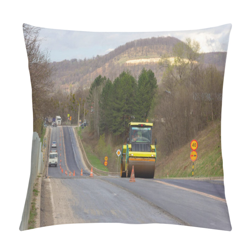 Personality  Asphalt Compactor Roller Rolls New Asphalt On The Highway In The Village Pillow Covers