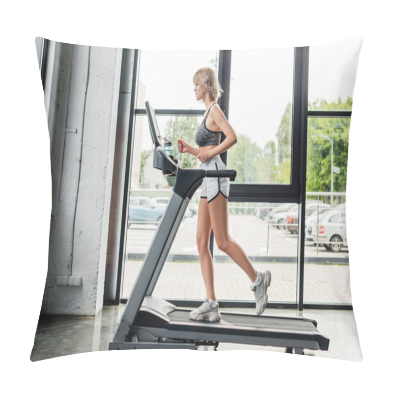 Personality  Side View Of Attractive Sportswoman Running On Treadmill In Gym  Pillow Covers