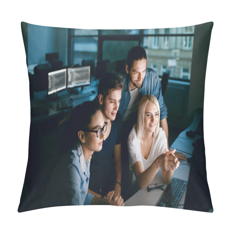 Personality  Team Of Programmers Working On Computer In Office. Pillow Covers