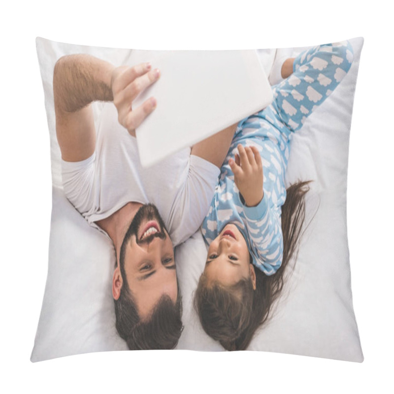 Personality  Father And Daughter Using Tablet In Bed Pillow Covers