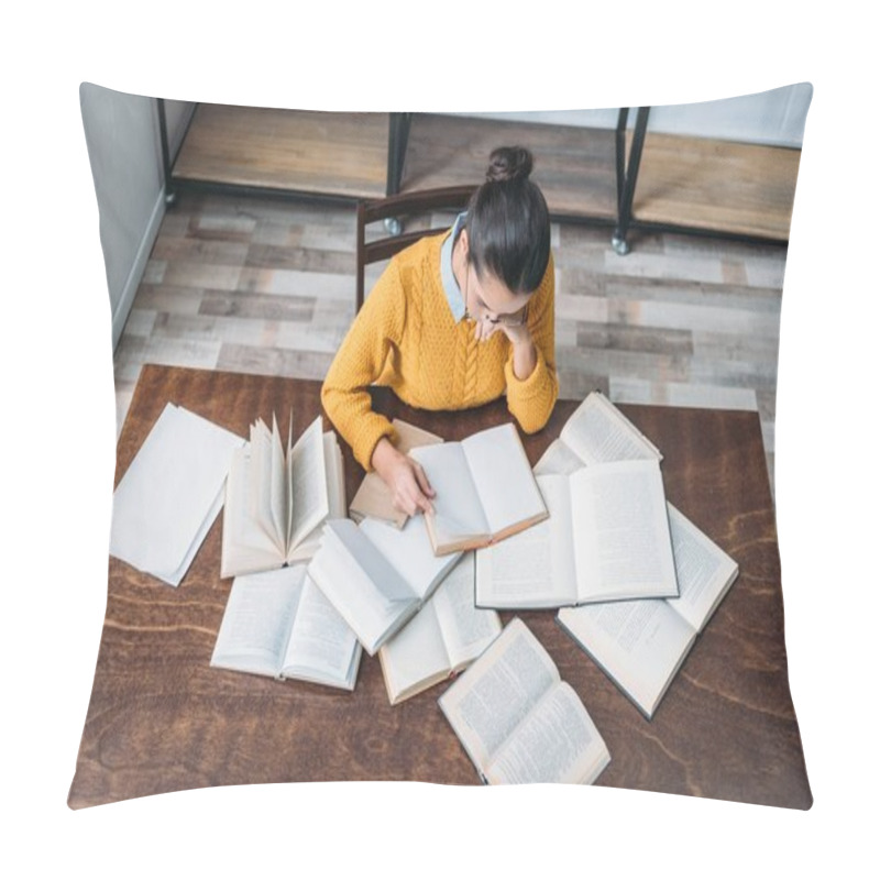 Personality  High Angle View Of Young Student Girl Preparing For Exam At Library Pillow Covers