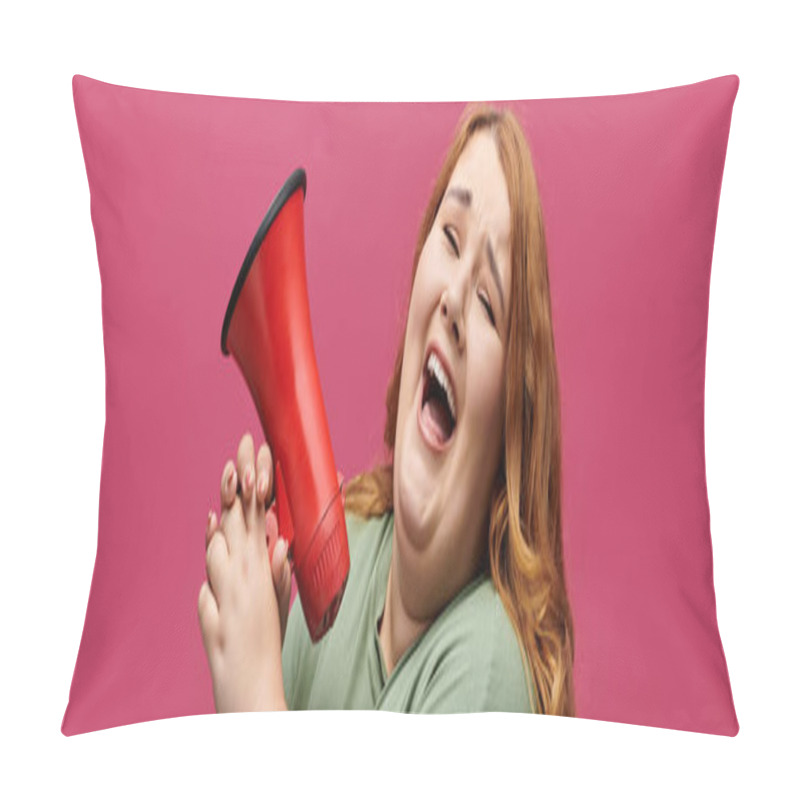 Personality  A Woman With Long Red Hair Is Shouting Into A Red Megaphone With A Smile On Her Face. Pillow Covers