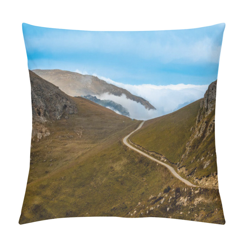 Personality  Khinalug, Azerbaijan A Panoramic View Of A Road Above The  Qudyalchay River Basin. Pillow Covers