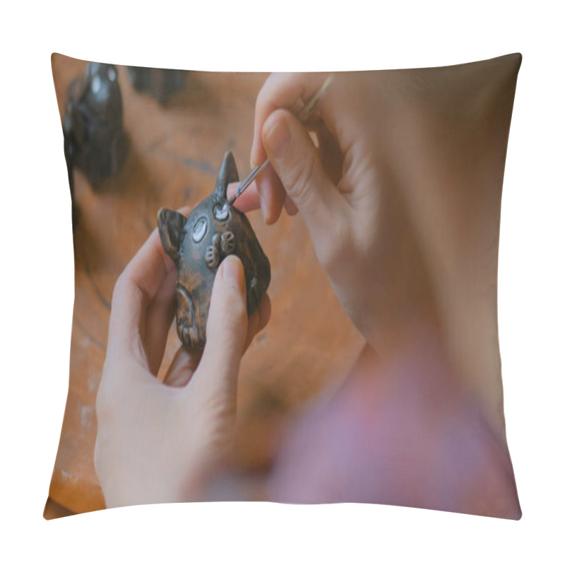 Personality  Professional Woman Potter Painting Ceramic Souvenir Penny Whistle In Workshop Pillow Covers