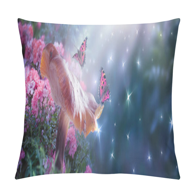 Personality  Fantasy Mushroom And Butterflies In Magical Enchanted Fairy Tale Dreamy Elf Forest With Fabulous Fairytale Blooming Pink Rose Flower On Mysterious Background, Shiny Glowing Stars, Moon Rays In Night Pillow Covers