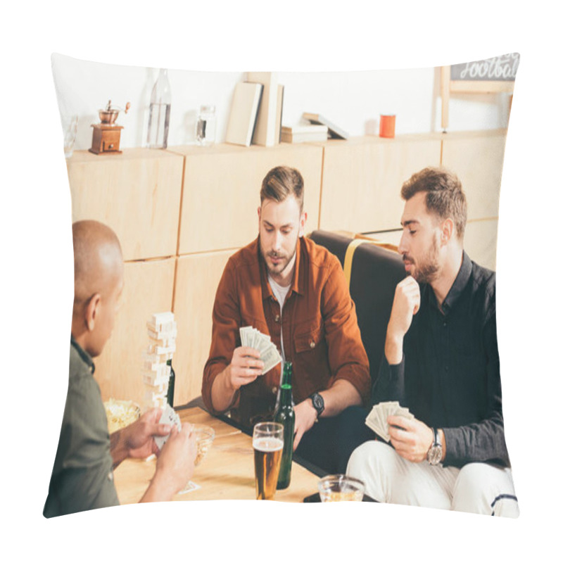 Personality  Multicultural Men Playing Cards While Spending Time Together In Cafe Pillow Covers