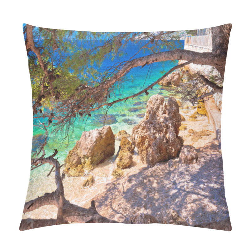 Personality  Idyllic Turquoise Beach View Through Pine Tree In Makarska Riviera, Dalmatia Region Of Croatia Pillow Covers