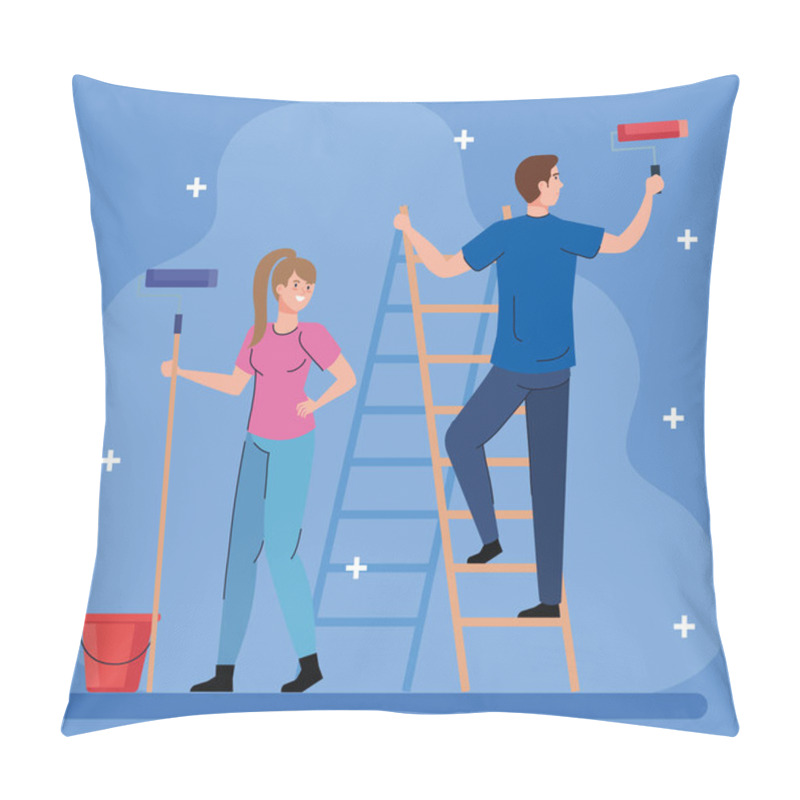 Personality  Woman And Man Cartoons Painting With Roll Bucket And Ladder Vector Design Pillow Covers