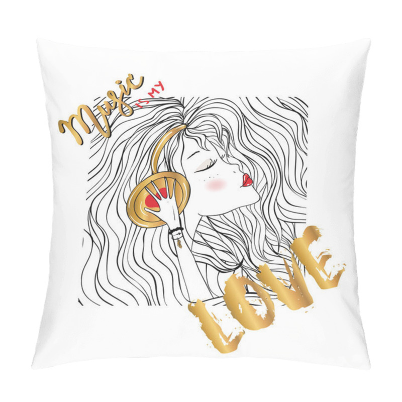 Personality  Beautiful Girl With Headphones. Music Is My Love Lettering. For T-shirt Or Other Uses,T-shirt, Apparel Graphics / Textile Graphic Pillow Covers